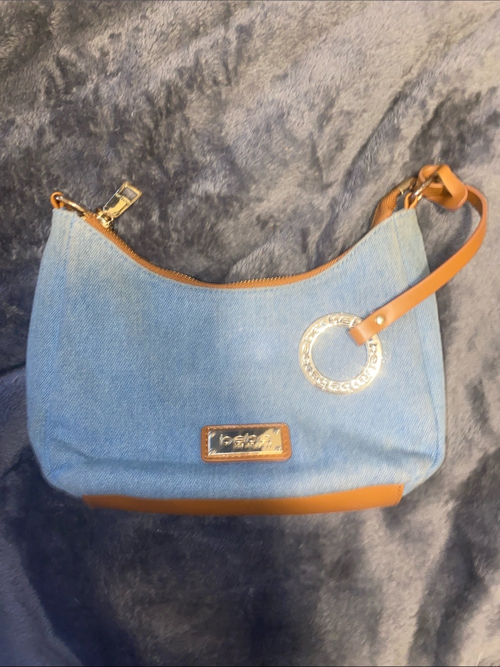 bebe Light Blue Denim Shoulder Bag with Tan Trim and Gold Hardware
